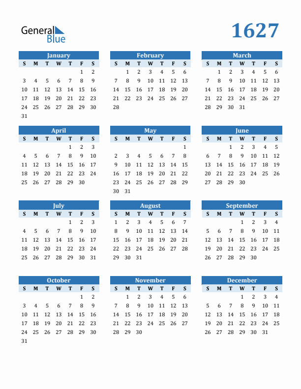 1627 Year Calendar with Sunday Start