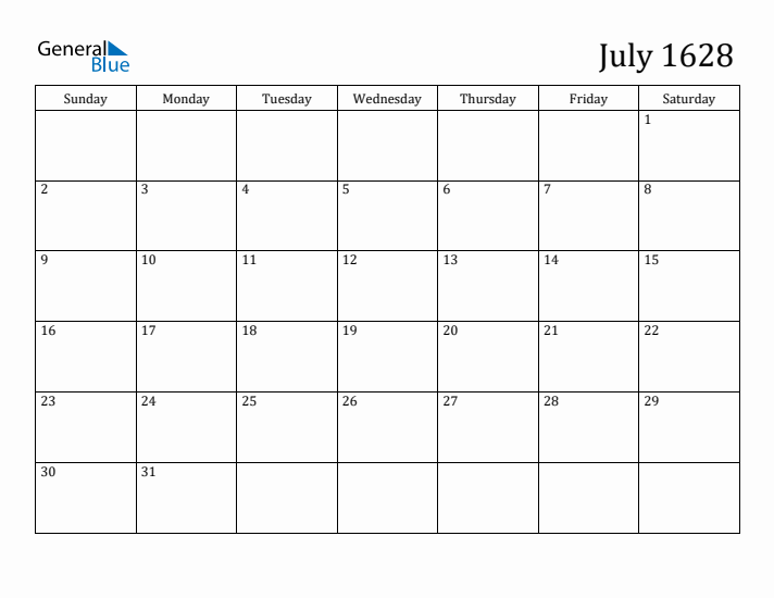 July 1628 Calendar