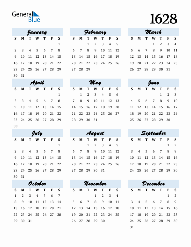 Calendar 1628 Free Download and Print