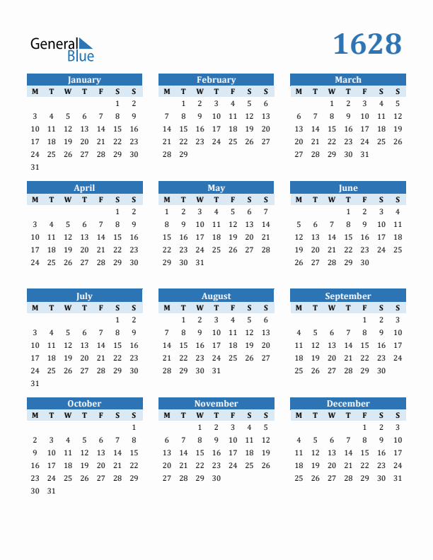 1628 Year Calendar with Monday Start