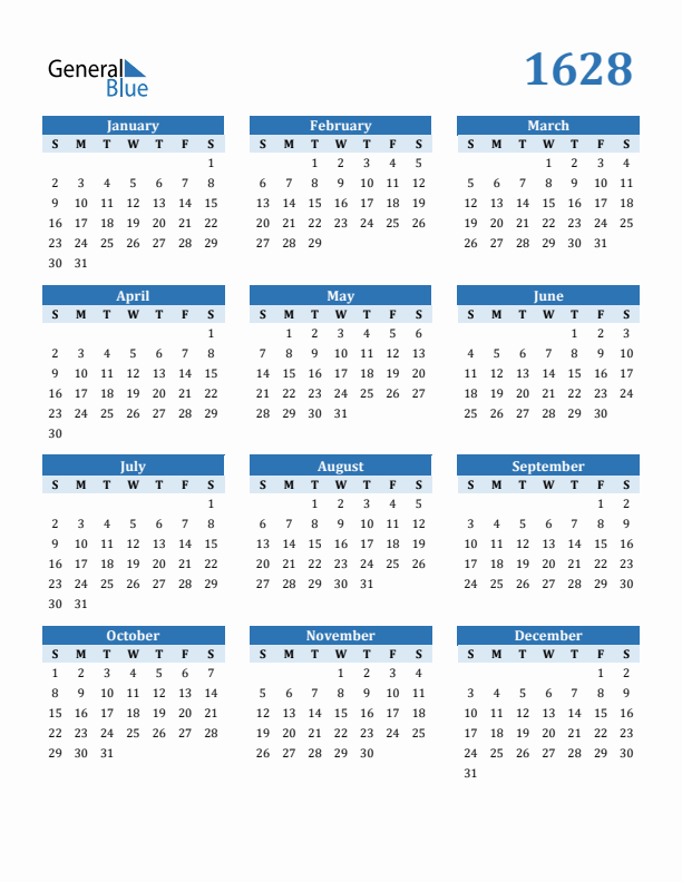 1628 Year Calendar with Sunday Start