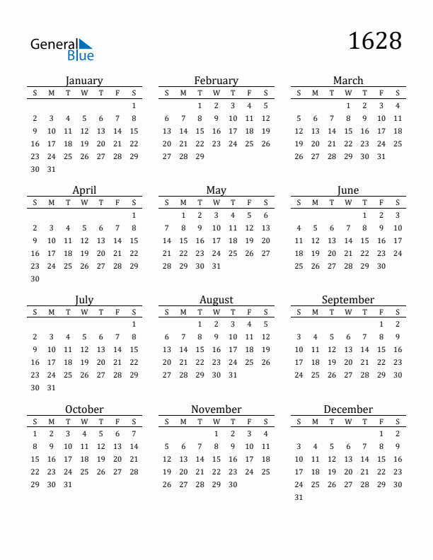 Free Printable Calendar 1628 with Sunday Start