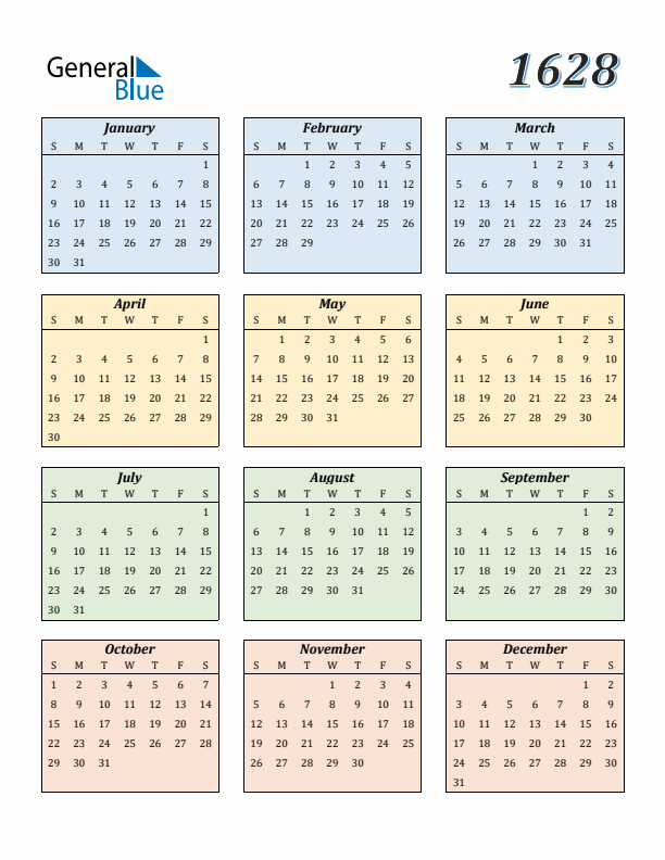 Calendar for 1628 (Sunday Start)