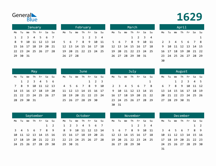 Downloadable 1629 Calendar