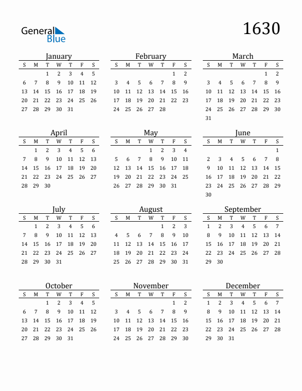 Free Printable Calendar 1630 with Sunday Start