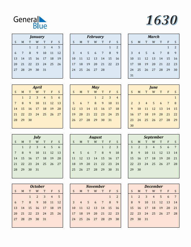 Calendar for 1630 (Sunday Start)