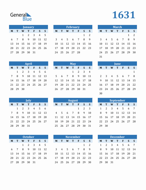 1631 Year Calendar with Monday Start