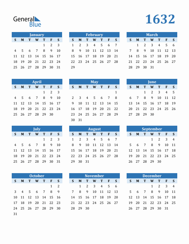 1632 Year Calendar with Sunday Start