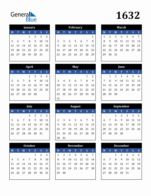 Editable Calendar 1632 - Monday Start