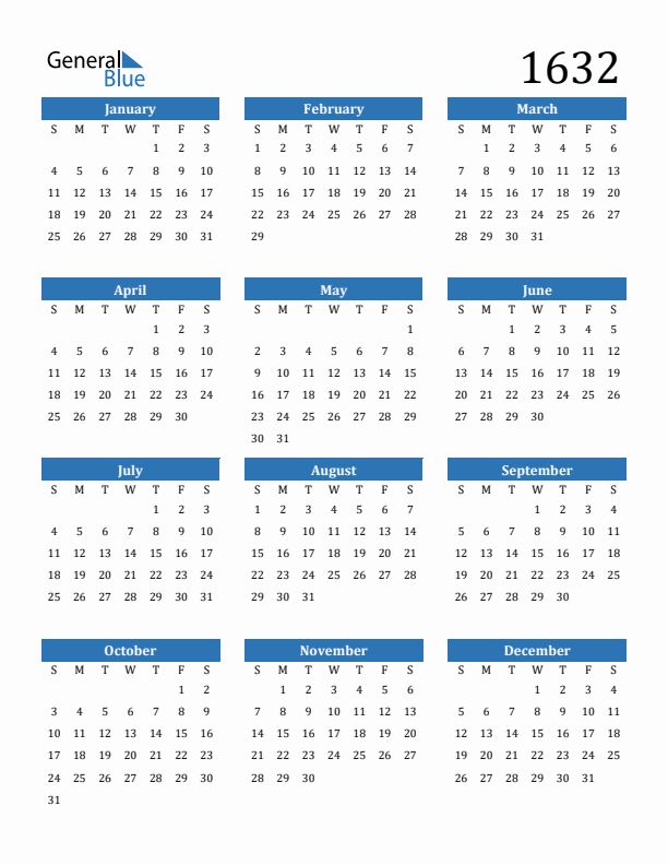 Free 1632 Calendars in PDF, Word, Excel