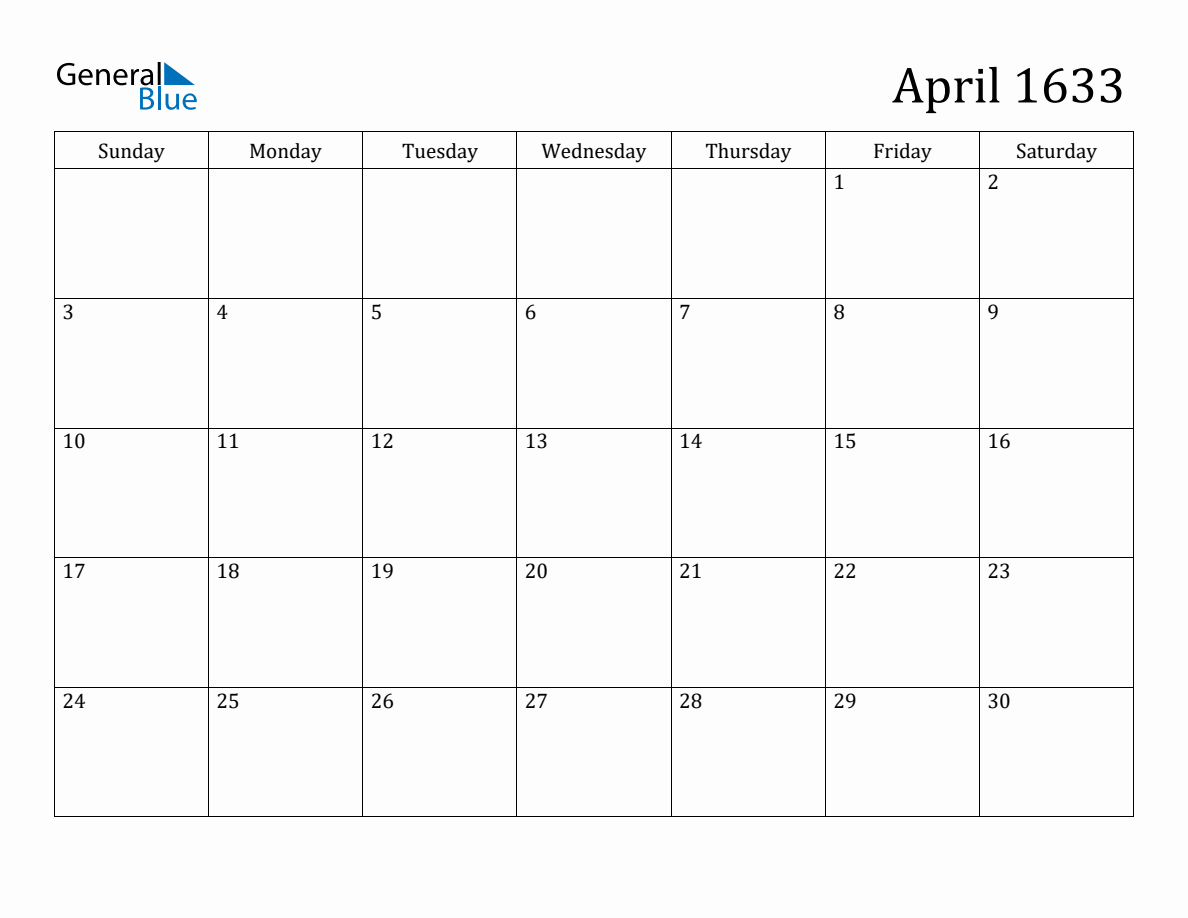 April 1633 Monthly Calendar