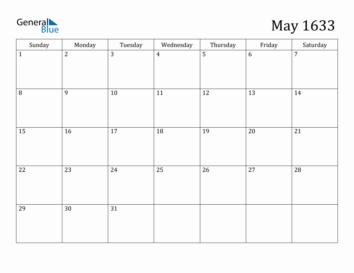 May 1633 Monthly Calendar