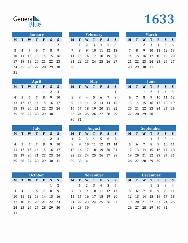 1633 Year Calendar with Monday Start
