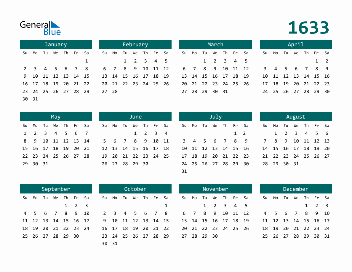 1633 Full Year Calendar