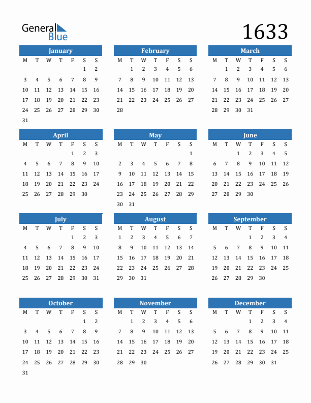 1633 Calendar
