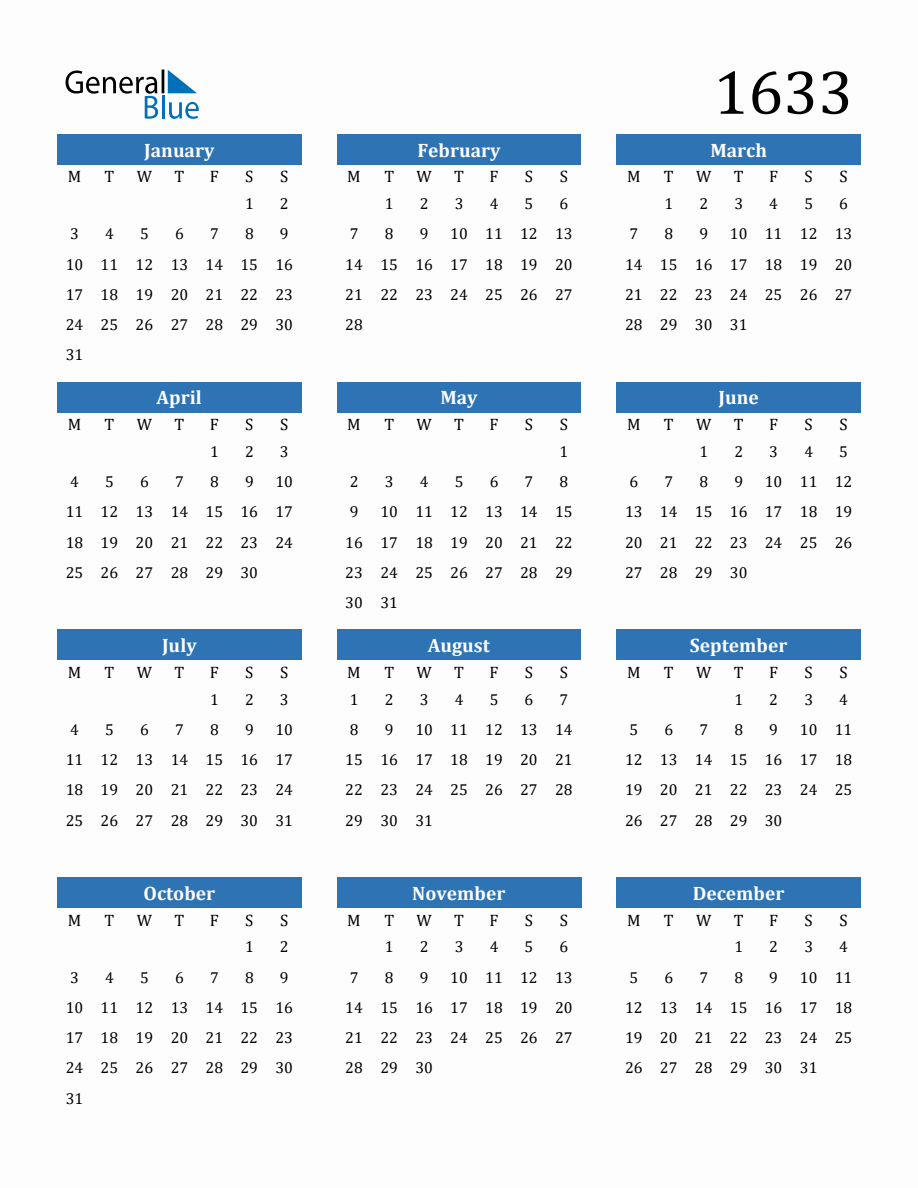 1633 Yearly Calendar