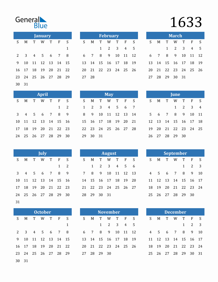 1633 Yearly Calendar