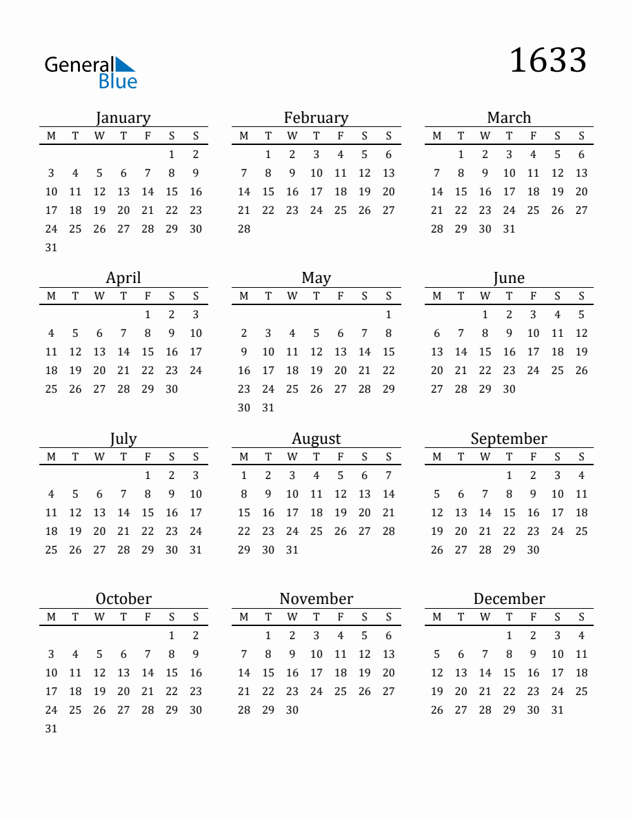 Year 1633 Free Printable 12 Month Calendar