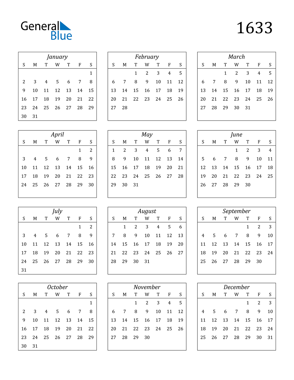 1633 Calendar Pdf Word Excel