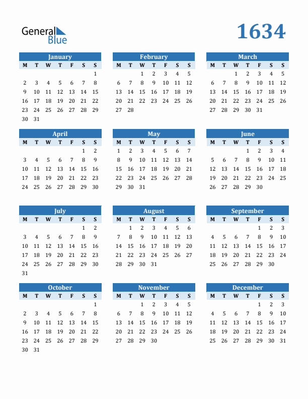 1634 Year Calendar with Monday Start