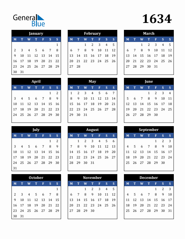 Editable Calendar 1634 - Monday Start