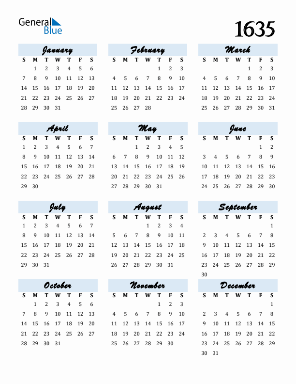 Calendar 1635 Free Download and Print