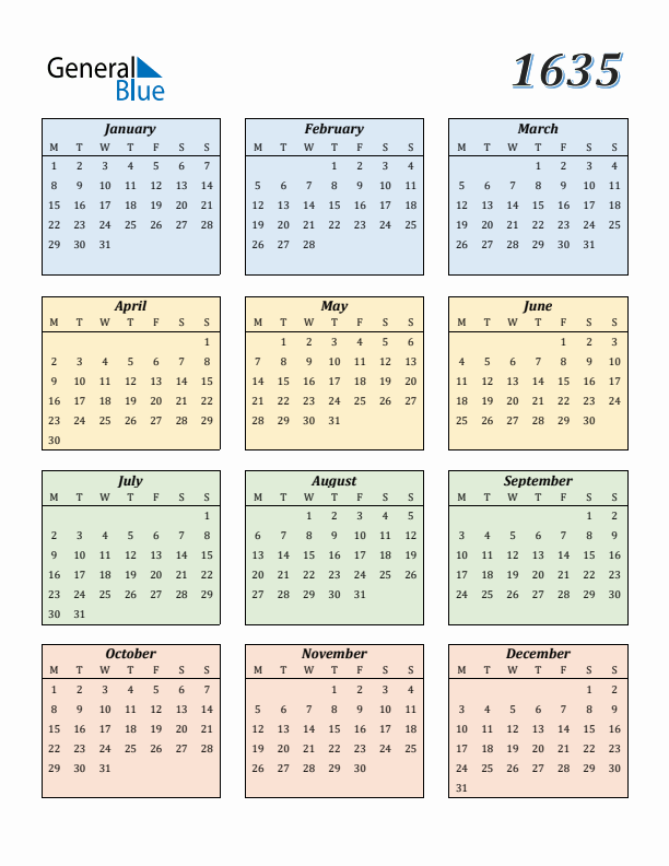 Calendar for 1635 (Monday Start)
