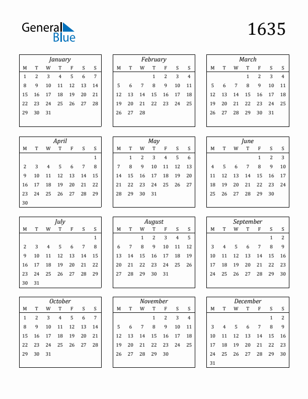 Blank Calendar 1635