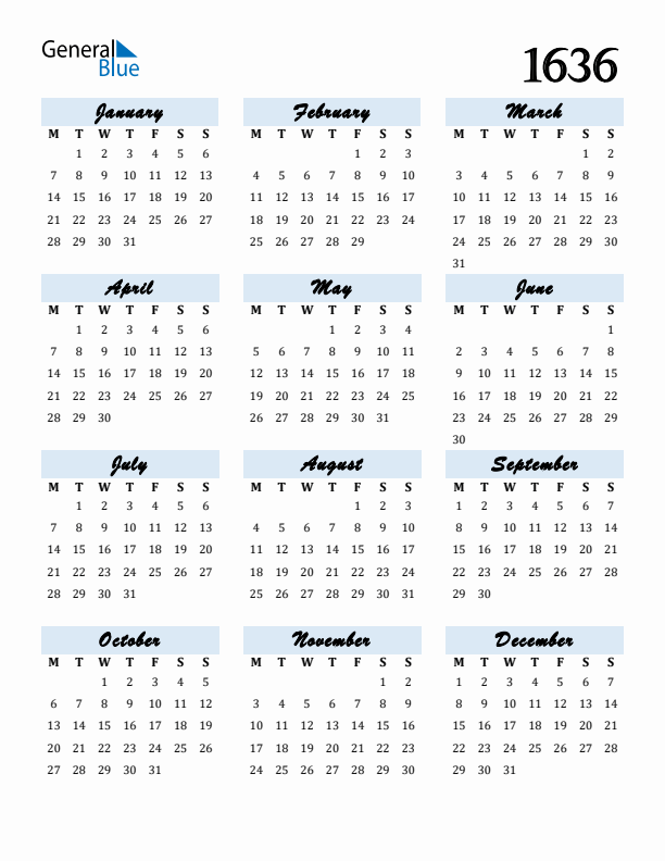Calendar 1636 Free Download and Print