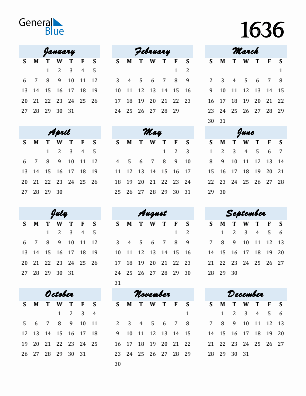 Calendar 1636 Free Download and Print