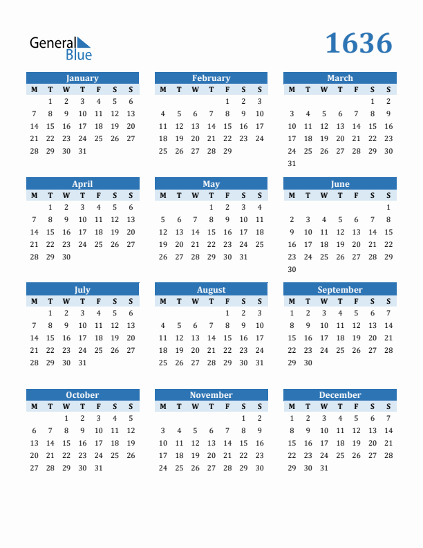 1636 Year Calendar with Monday Start