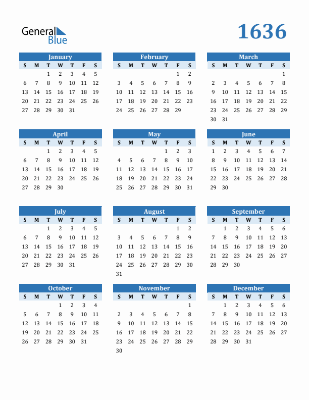 1636 Year Calendar with Sunday Start