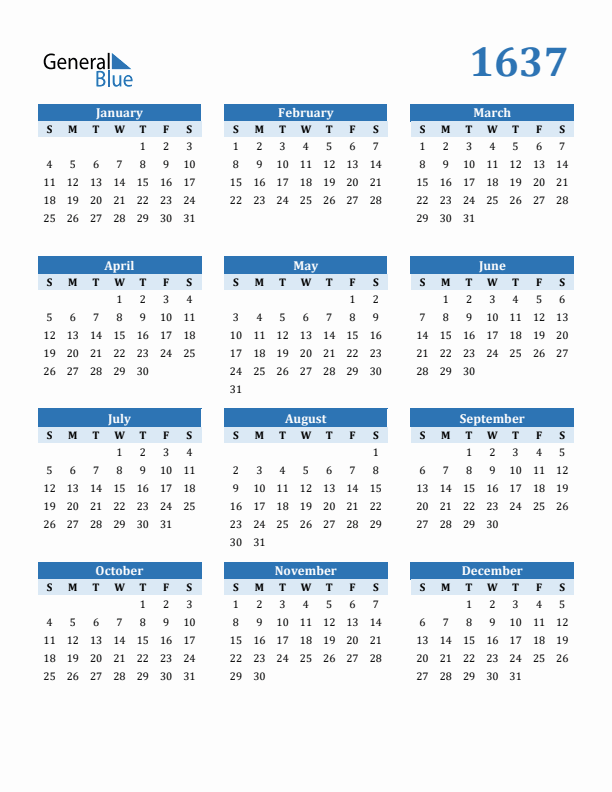 1637 Year Calendar with Sunday Start