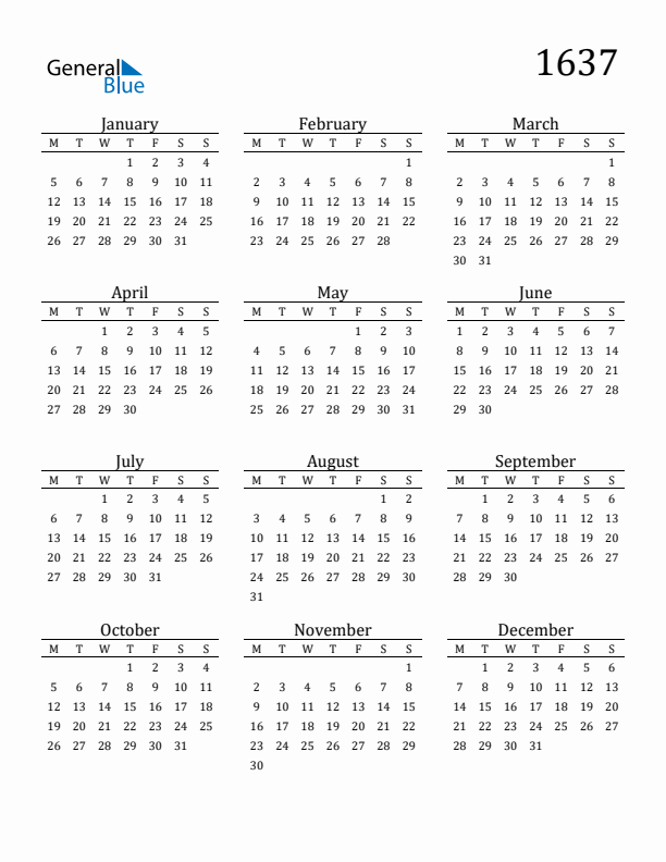 Free Printable Calendar 1637 with Monday Start