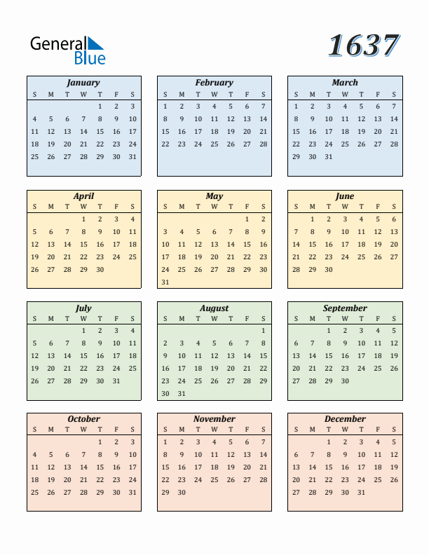 Free 1637 Calendars in PDF, Word, Excel