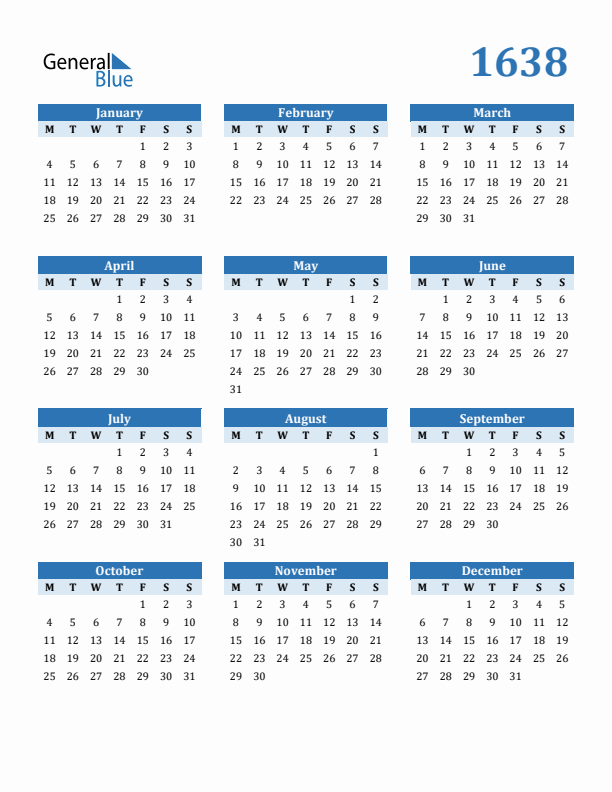 1638 Year Calendar with Monday Start