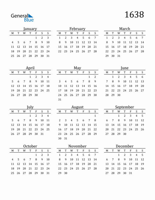 Free Printable Calendar 1638 with Monday Start