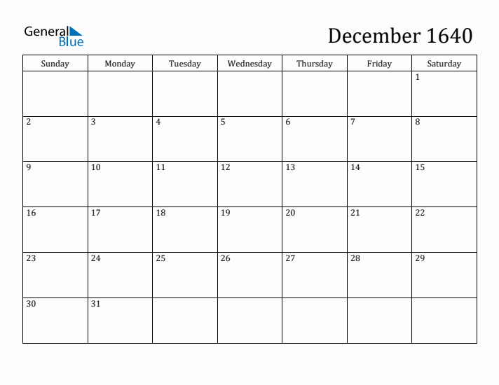 December 1640 Calendar