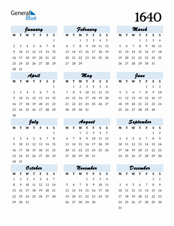 Calendar 1640 Free Download and Print