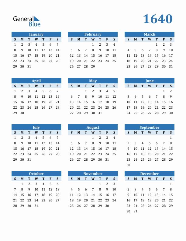 1640 Year Calendar with Sunday Start