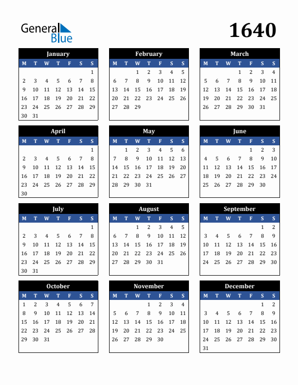 Editable Calendar 1640 - Monday Start