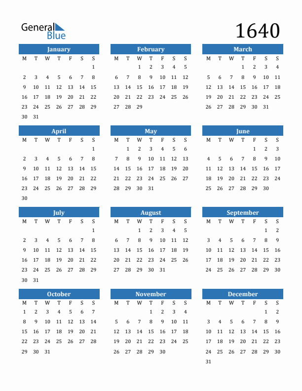 1640 Calendar