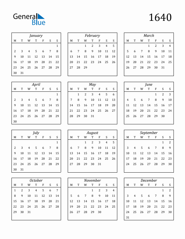 Blank Calendar 1640