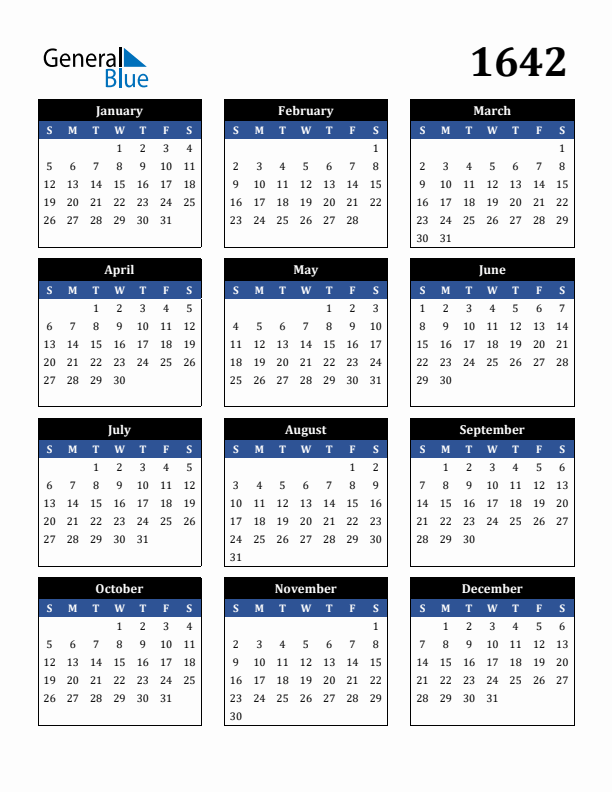 Editable Calendar 1642 - Sunday Start