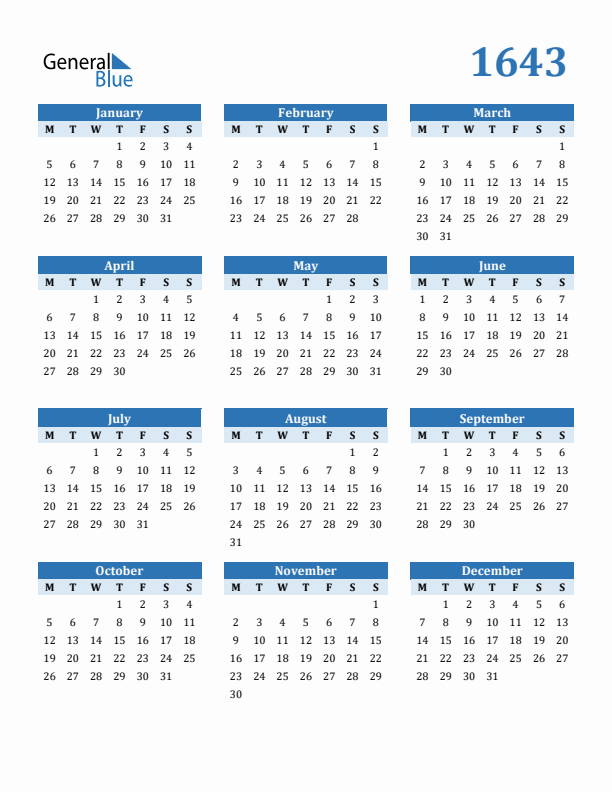 1643 Year Calendar with Monday Start