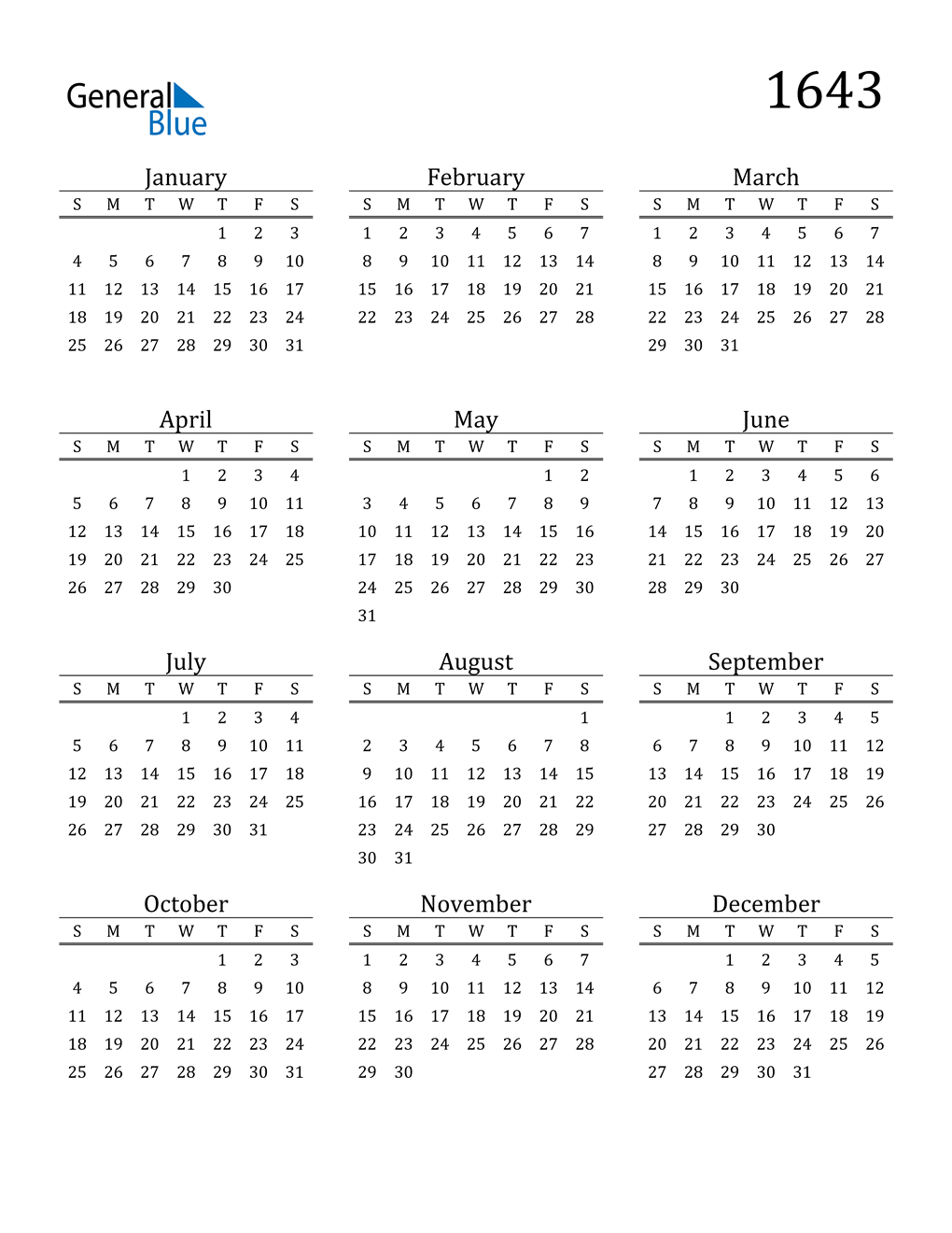 1643 Calendar (PDF, Word, Excel)