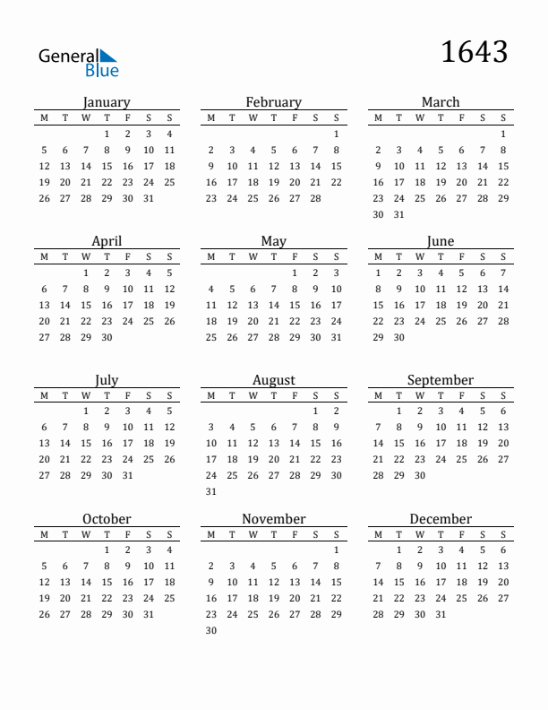 Free Printable Calendar 1643 with Monday Start