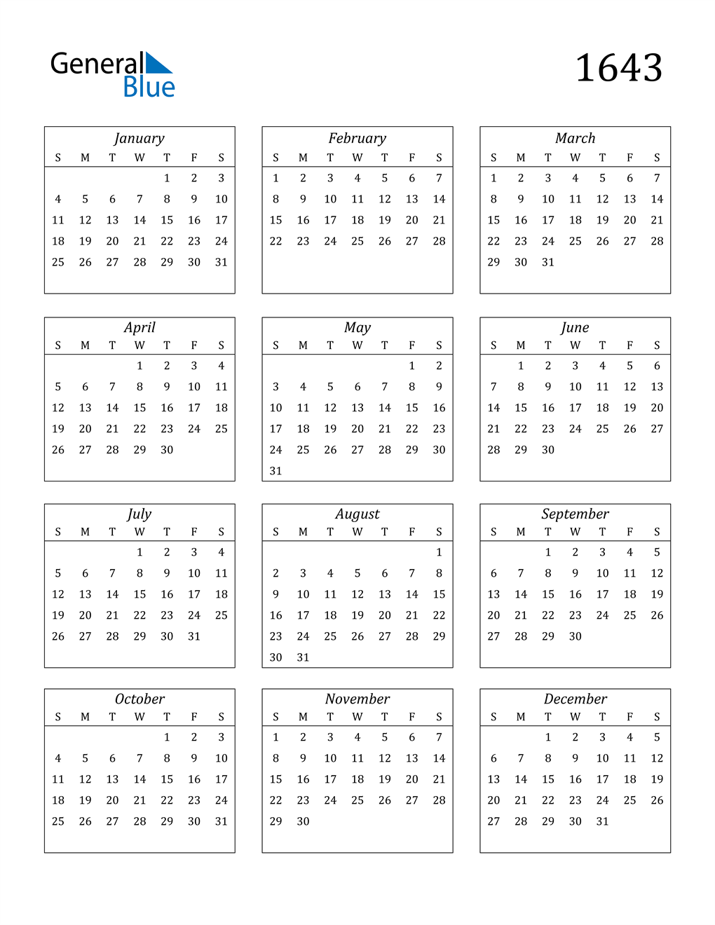 1643 Calendar (PDF, Word, Excel)