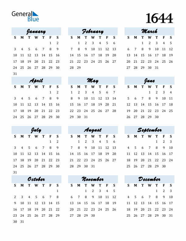 Calendar 1644 Free Download and Print
