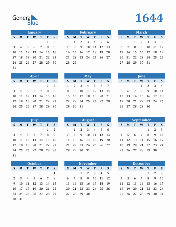 1644 Year Calendar with Sunday Start
